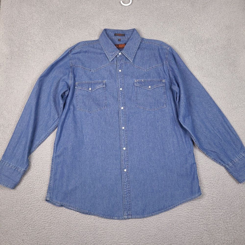 Canyon Guide Outfitters Shirt Mens XL Blue Pearl Snap Denim Western Cowboy Rodeo